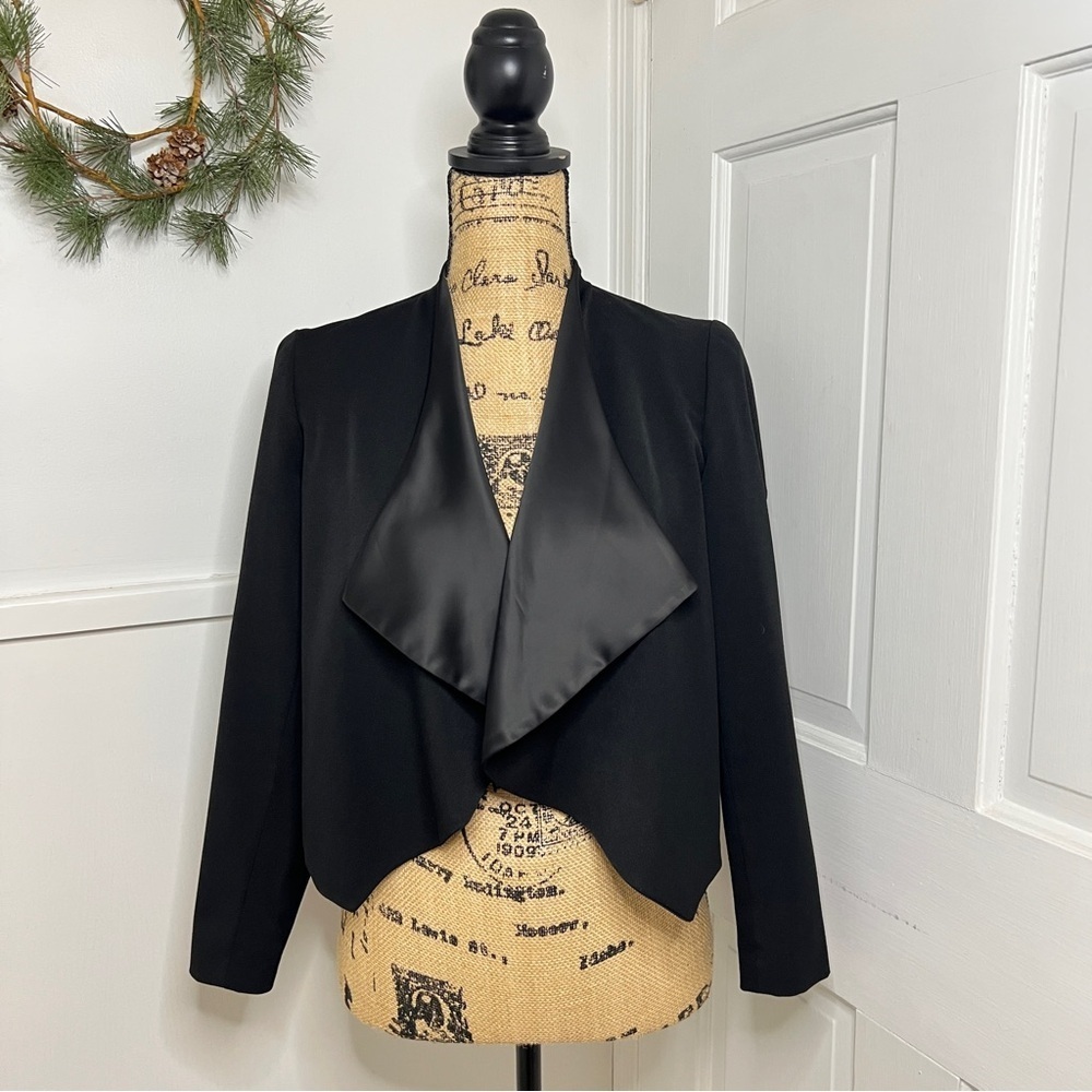 Anthropologie Elevenses Black Cropped Tuxedo Waterfall Open Front Jacket